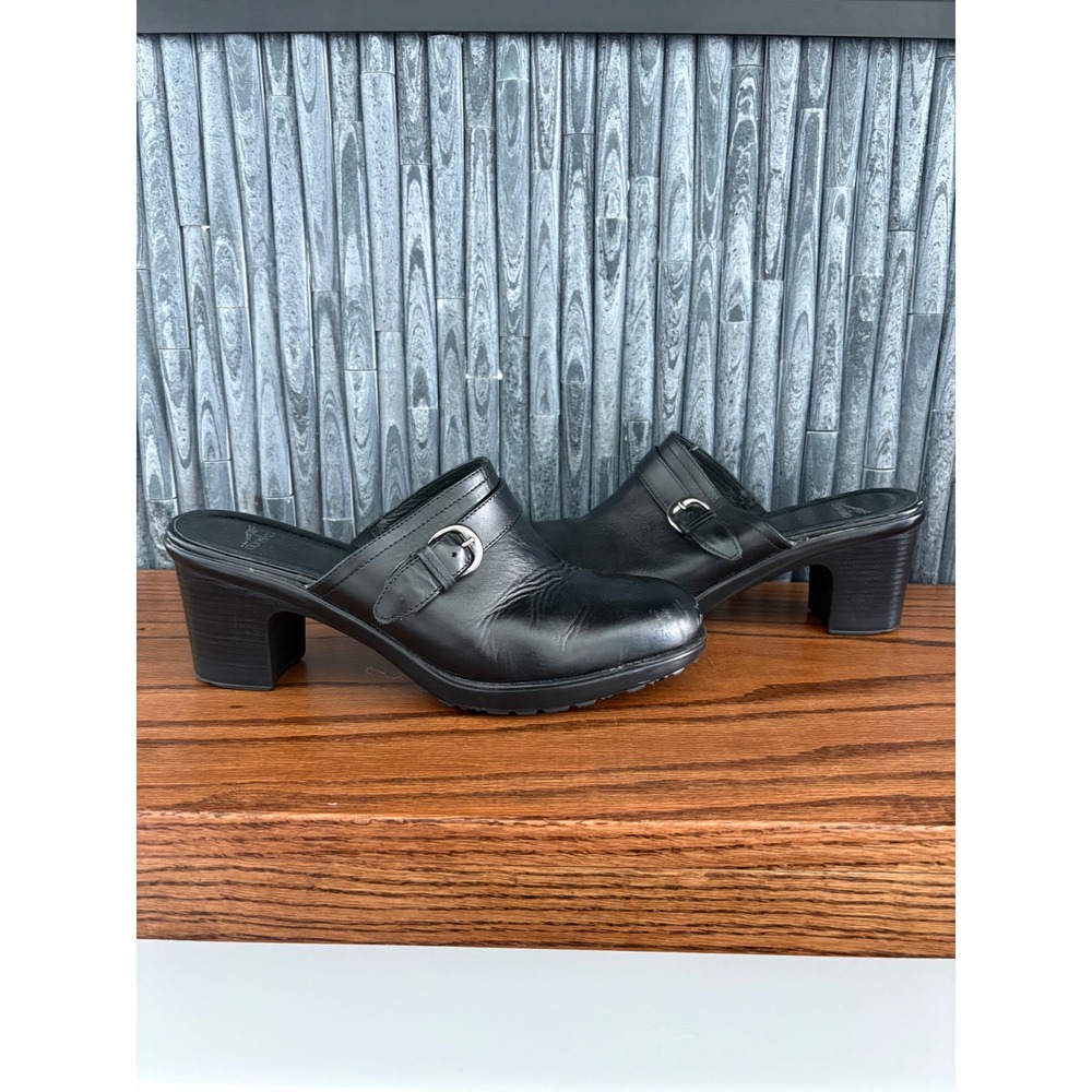 Dansko Black Leather Buckle Mules